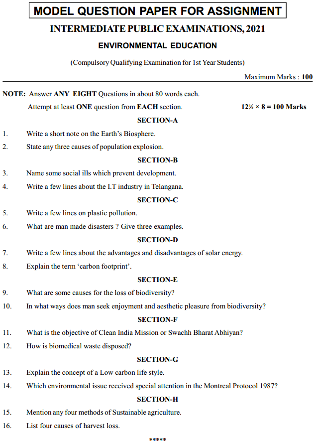 Environmental Education Model Question Paper Intermediate